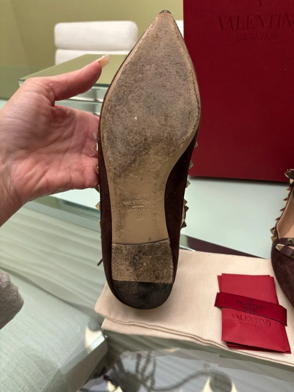 Authentic Valentino Brown Suede Rockstud Caged Pointed-Toe Flats
